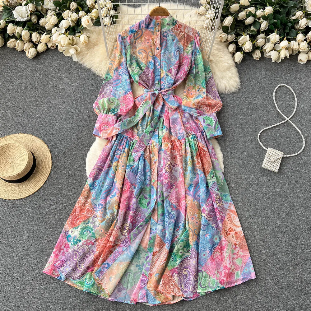 

Dresses Super xiansen printed stand collar long sleeve women's spring autumn lace up waist single breasted knee length