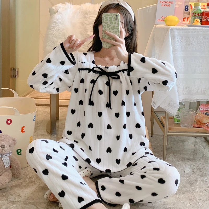 Spring Autumn Winter Pajamas Women's Coral Fleece Thickening and Fleece Ladies Pajamas Sweet and Cute Flannel Homewear Set