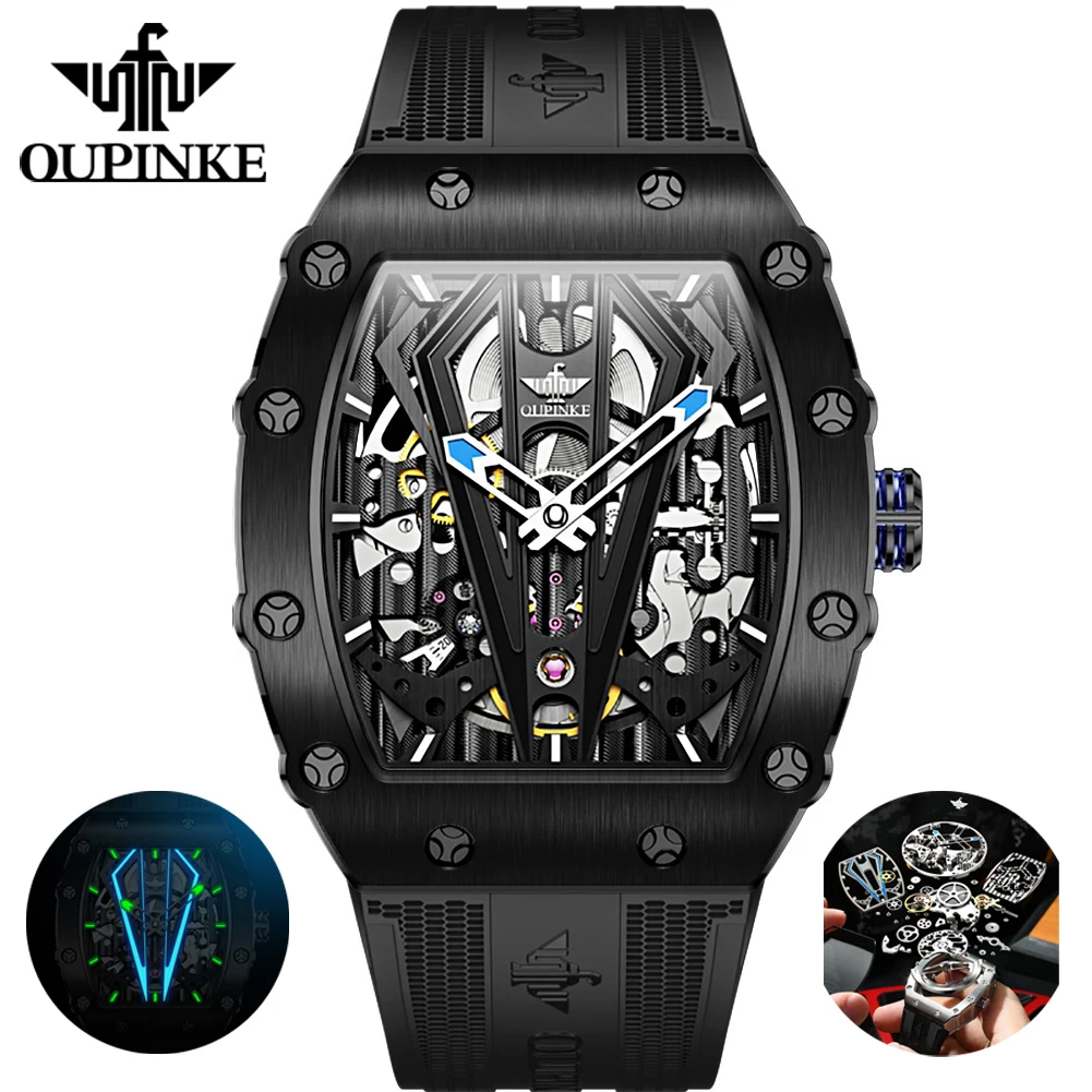

Automatic Self-wind Mechanical Watch Men OUPINKE Luxury Silicone Strap Mens Wristwatches Waterproof Sports Skeleton Watches
