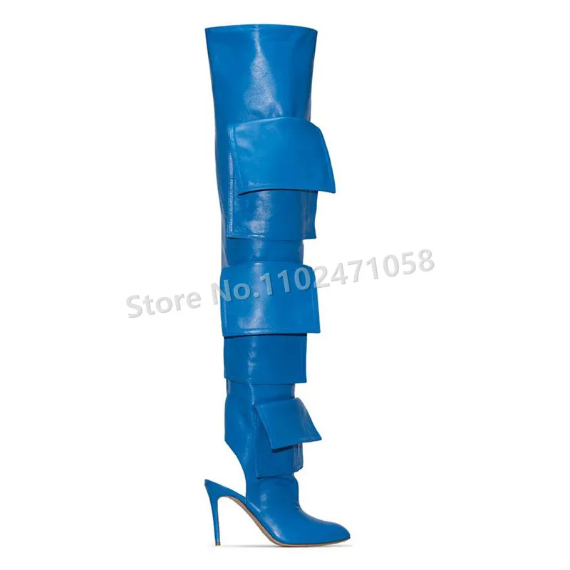 

Blue Leather Stitching Pocket Punky Style Long Boots Women Pointed Toe Thin Heel Over The Knee Boots Fashion Slingback Boots