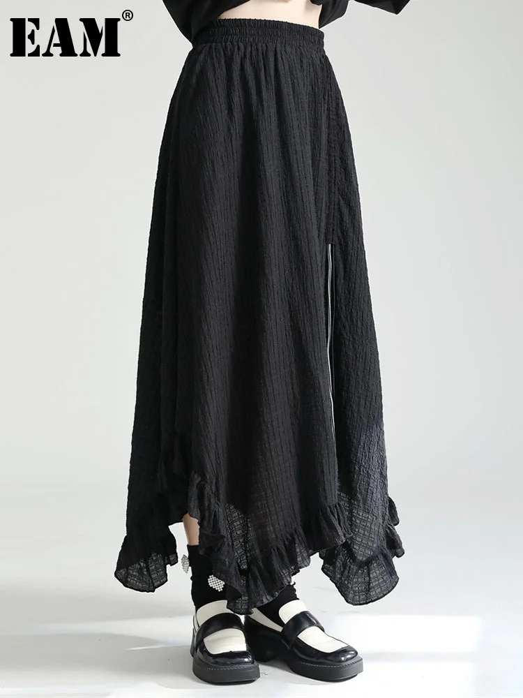 

[EAM] Women Black Irregular Ruffles Big Hem Thin Half-body Skirt High Elastic Waist Fashion Tide New Spring Summer 2023 1DF9552