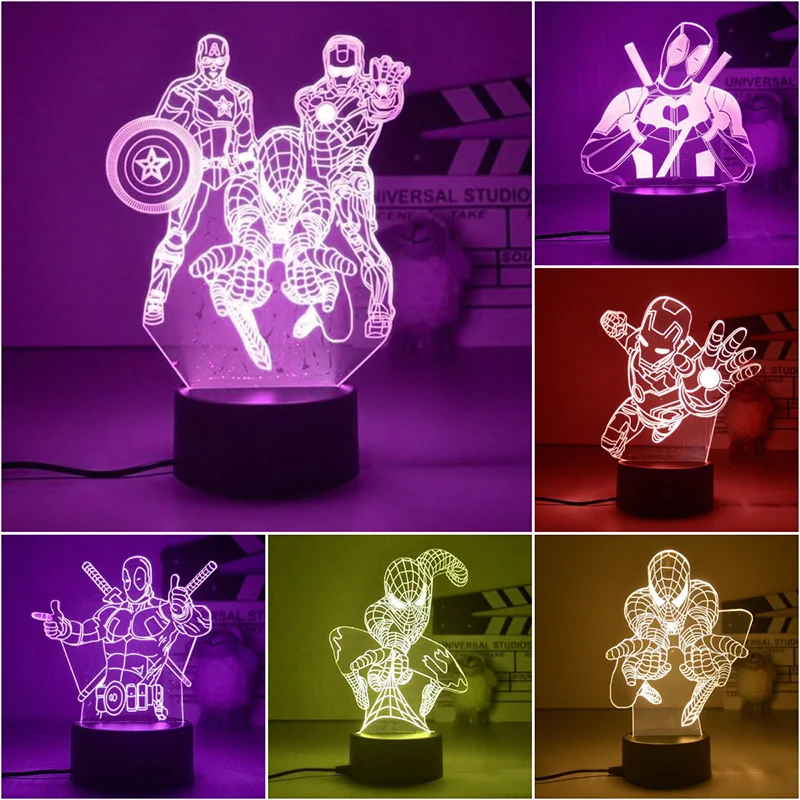 

Disney Marvel 3D Night Light Spiderman Ironman Deadpool Captain America Action Figure Table Lamp The Avengers Birthday Gifts