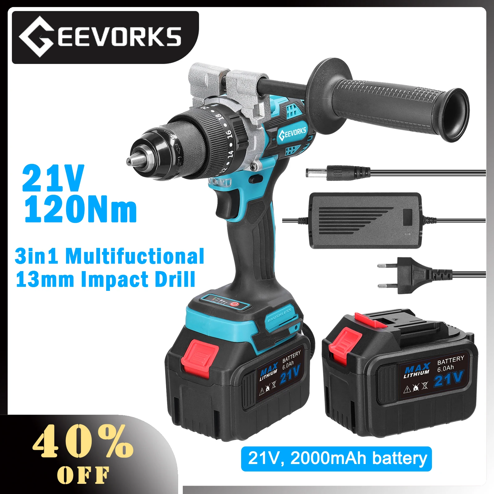 21V 13MM Brushless Electric Drill 3 in 1 Impact Drill Hammer Drill 120N/M Cordless Screwdriver Portable Handheld Power Tools