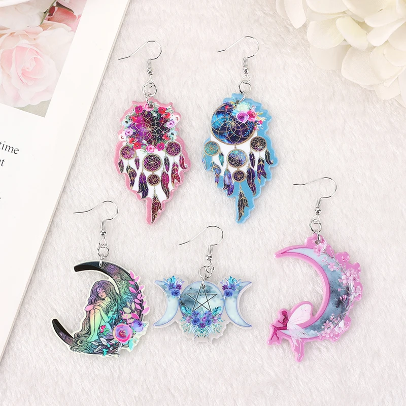 

1Pair Fashion Triple Moon Wicca Woman Dangle Earrings Acrylic Dreamcatcher Drop Earrings for Girl Birthday Gift