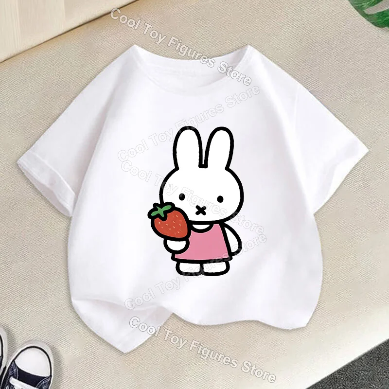 Фото Топ с короткими рукавами для девочек из серии Miffy, летняя детская футболка с мультяшным принтом, модная детская одежда с изображением кролика, забавный подарок на день рождения №4