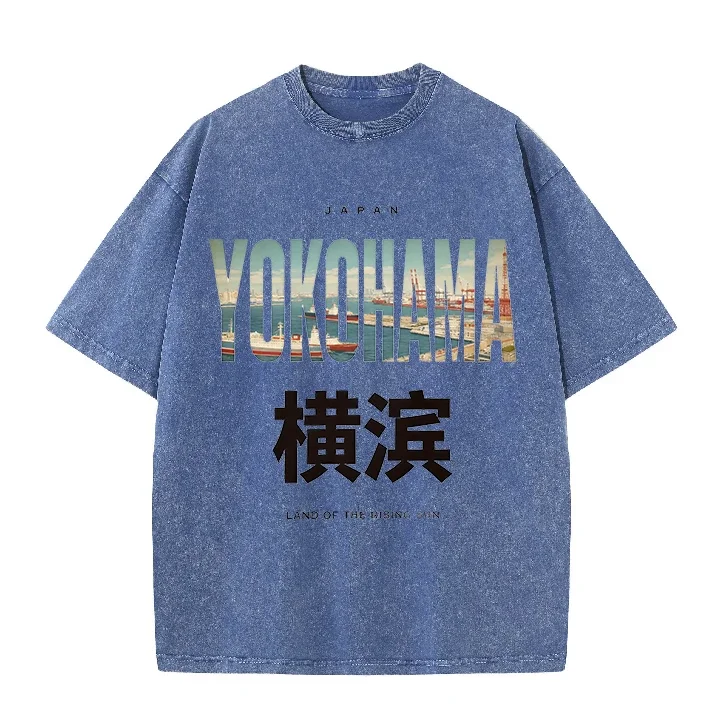 Фото Винтажная модная хлопковая футболка с графическим принтом Yokohama City, ультрамягкая, с круглым вырезом, с короткими рукавами, унисекс, повседневные топы для мужчин и женщин №5