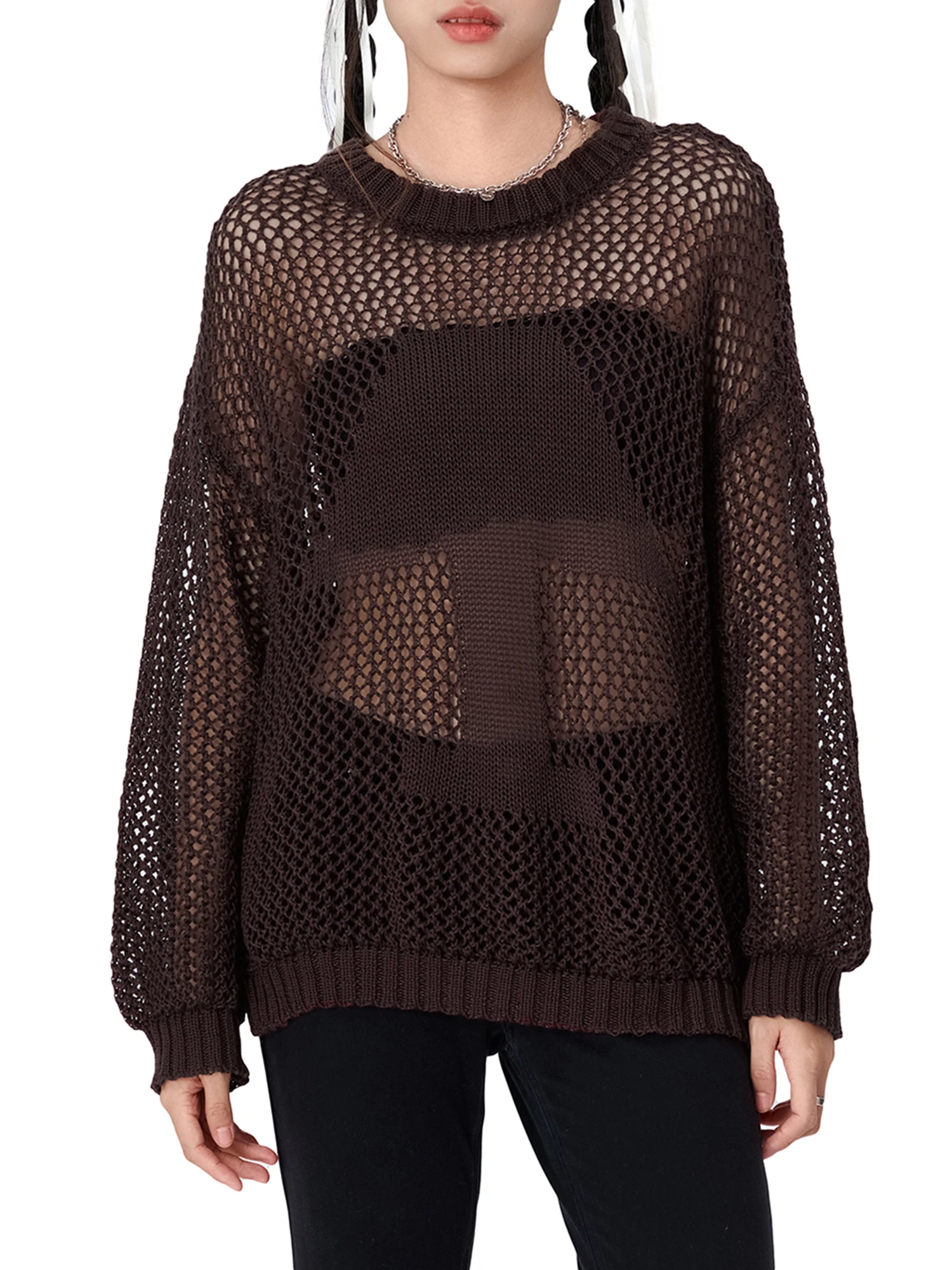 

Женский сетчатый вязаный укороченный топ, Пляжная накидка Y2K, прозрачный бикини с длинным рукавом, пуловер, свитера
