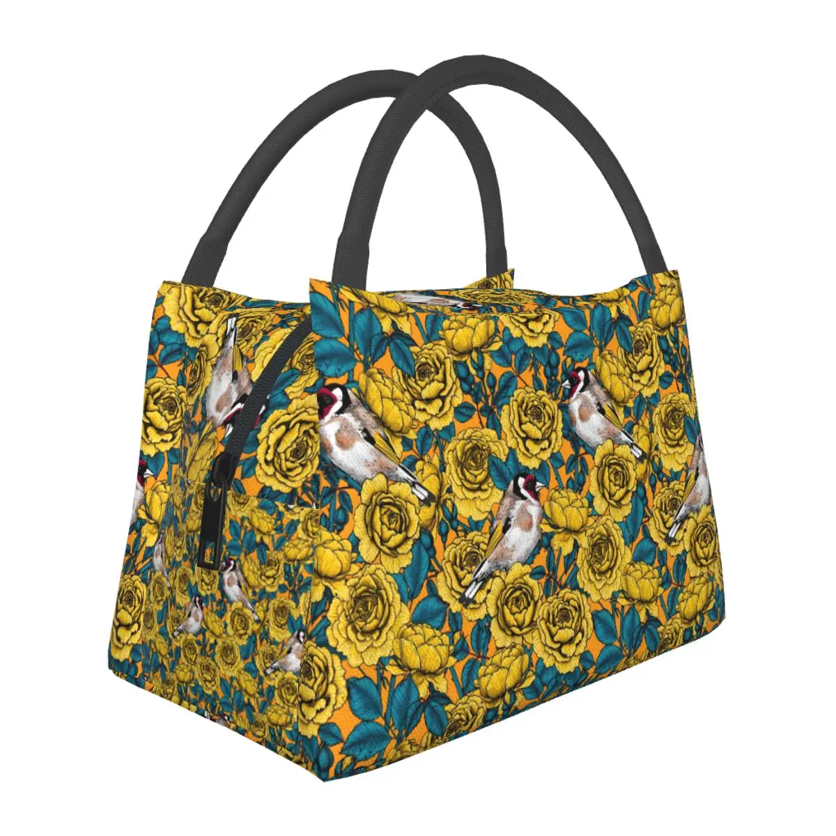 

Rose Flowers Lunch Bag Goldfinch Birds Retro Lunch Box Outdoor Picnic Portable Zipper Thermal Lunch Bags Custom Cooler Bag