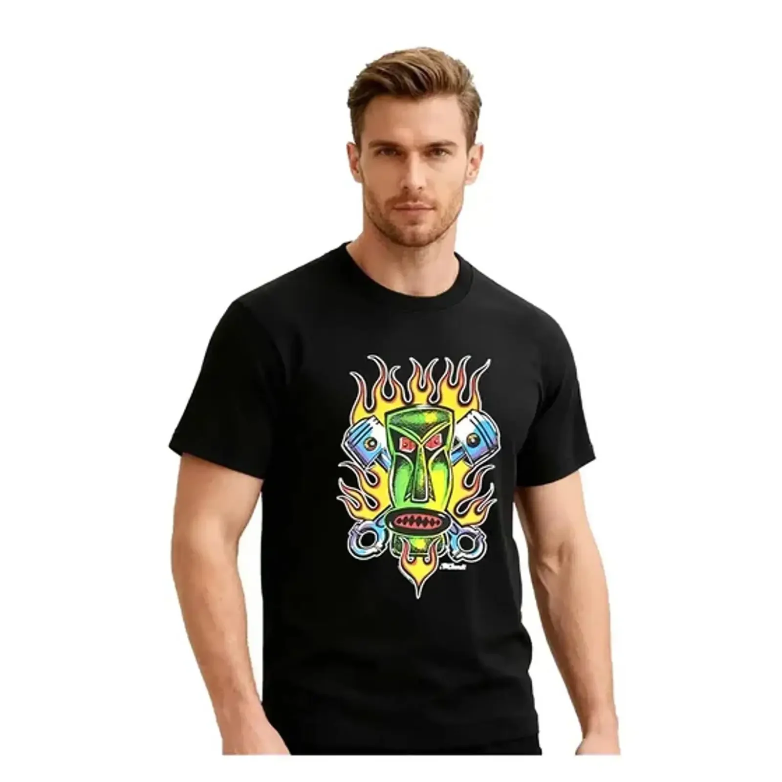 Фото Футболка Hot Rod Piston Tiki Kustom Kulture с изображением Garage Imagem 1 5, винтажная, стильная, слегко состаренная, дизайнерская одежда №1