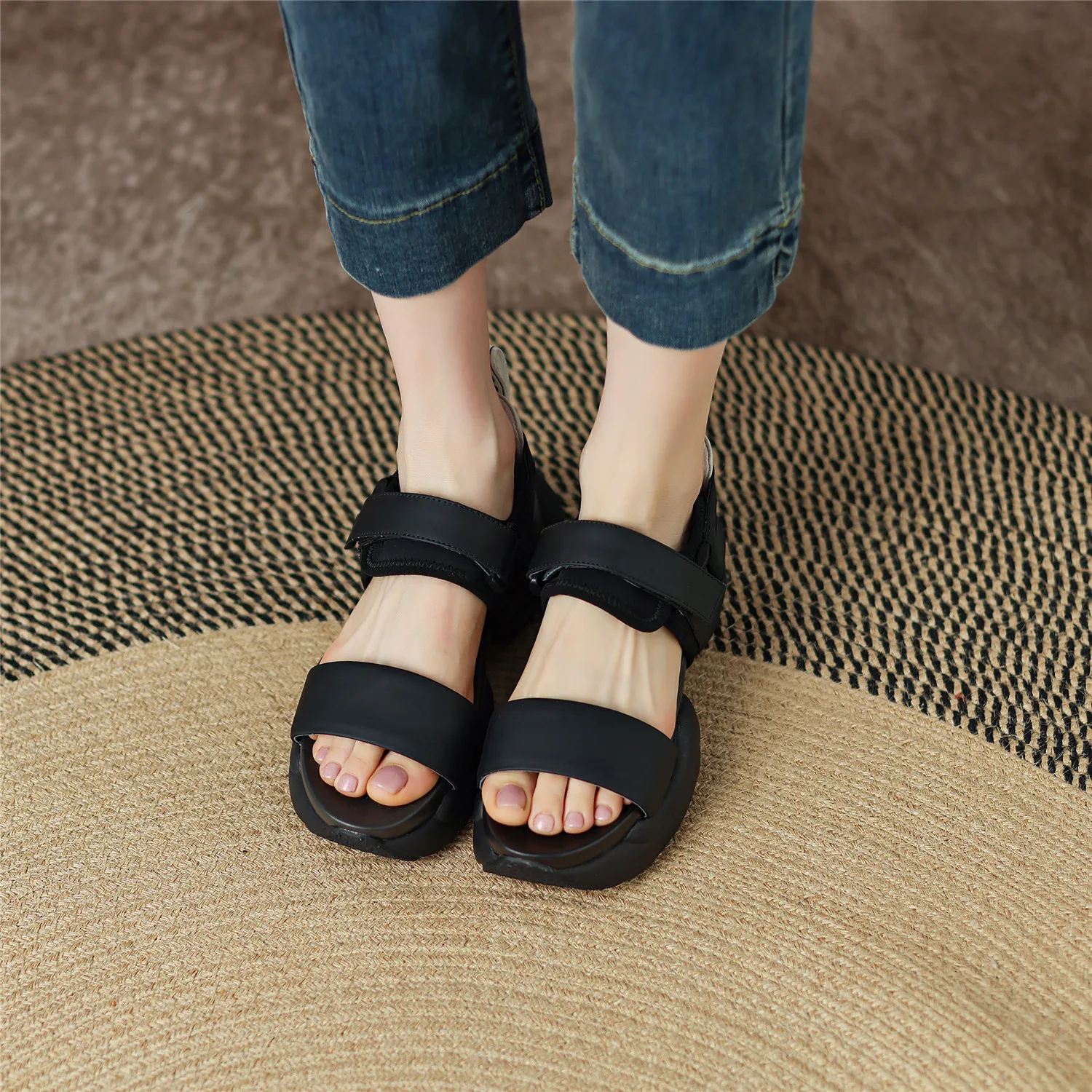 Women's Sandals 2023 Summer New Luxury Genuine Cow Leather Platform Chunky Heels Open Toe Pure Handmade Shoes Plus Size 42