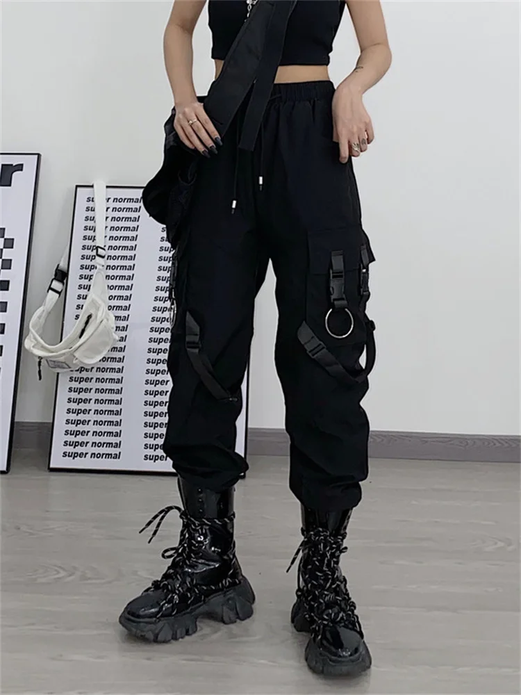 QWEEK Gothic Punk Black Cargo Pants Women Pockets Hippie Streetwear Joggers Harajuku Techwear Oversize Trousers For Female