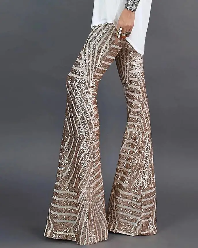 2022 new fashion women's elegant trouser Glitter High Waist Bell-bottomed Sequins Pants Female clothing outfits for women