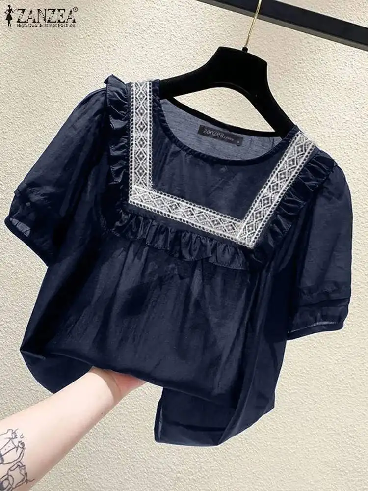 Летняя Блузка ZANZEA элегантная кружевная рубашка в стиле пэчворк женские