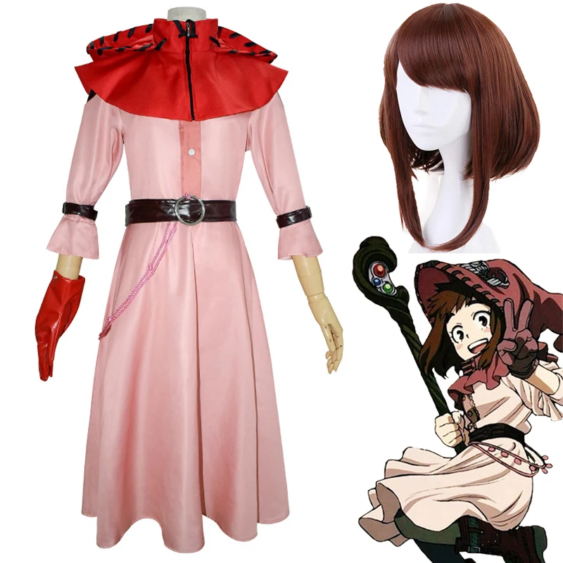 My Hero Academia Uraraka Ochaco Anime Cosplay Costume Short Hooded Cape Pink Dress Suit Halloween Orgy Party Wig + Gloves + Belt