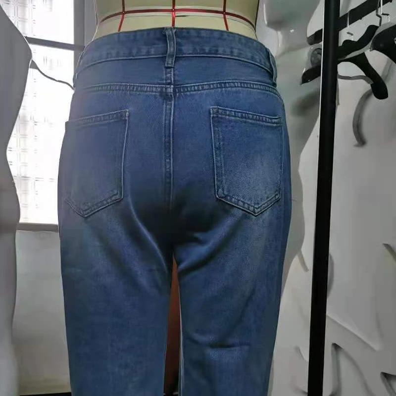 Casual High Street Cowboy Pants Ripped Jeans For Women Fashion Mid Waist Denim Trouses Sexy Vintage Hole Pencil Jeans Hot Sell