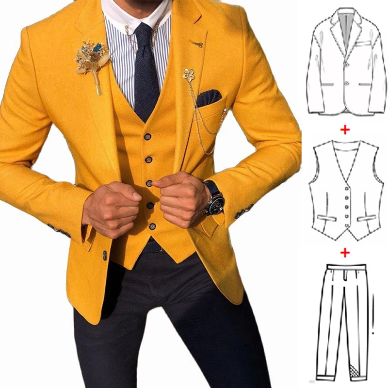 Slim Fit Skinny Men Suit 2023 Elegant Men's Business Suits One Button Yellow Groom Wedding Tuxedo Male 3 Piece(Jacket+Pant+Vest)