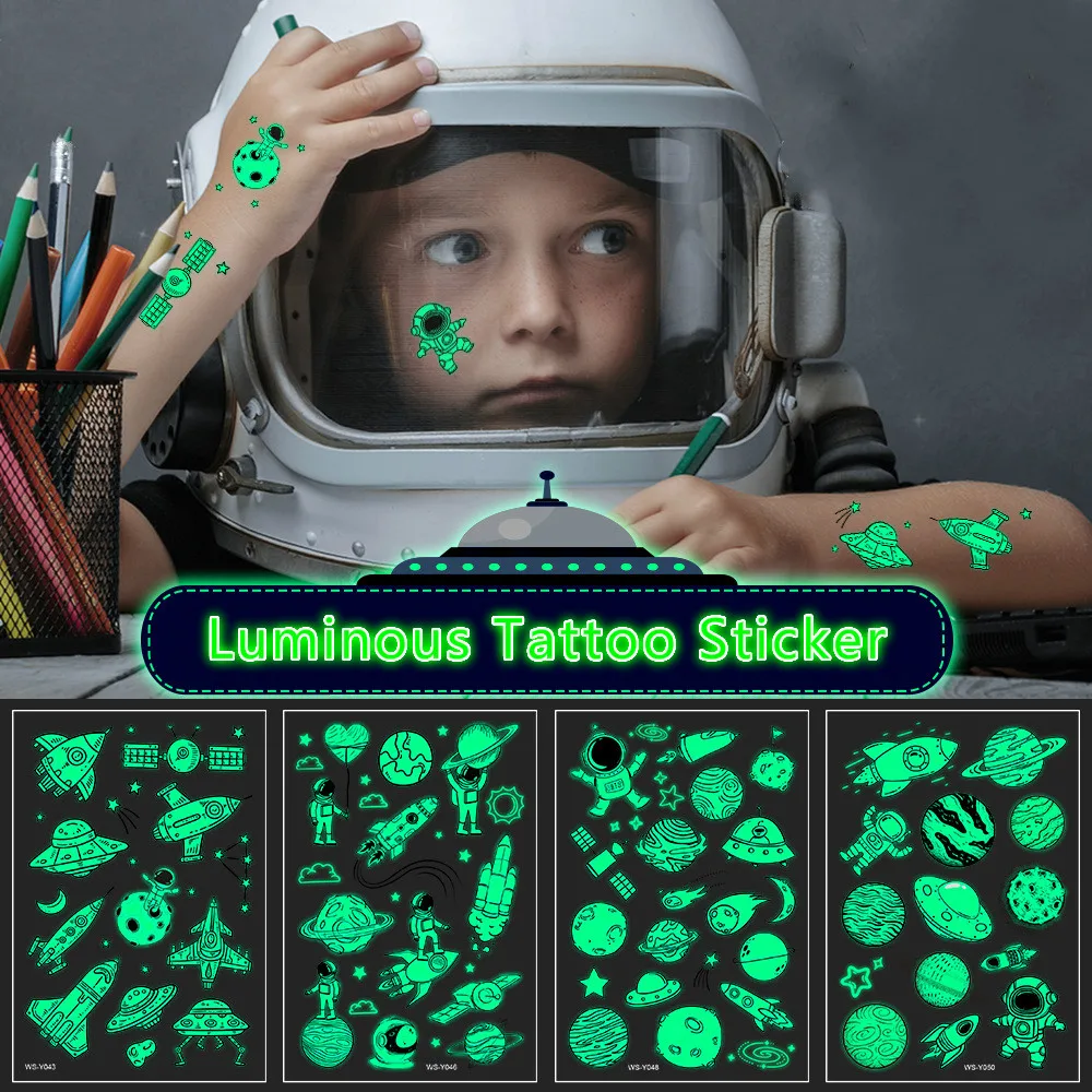 

5pcs Luminous Tattoo Stickers for Children Space Cartoon Temporary Kid Glow Paste on Face Arm Leg Body Art Fake Tattoos Stickers