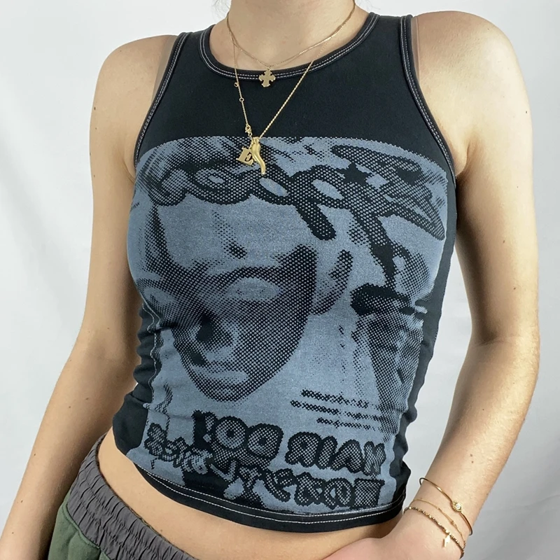 

Women's retro round neck sleeveless face graphic print sports vest, aesthetics Harajuku fashion casual crop top Y2K