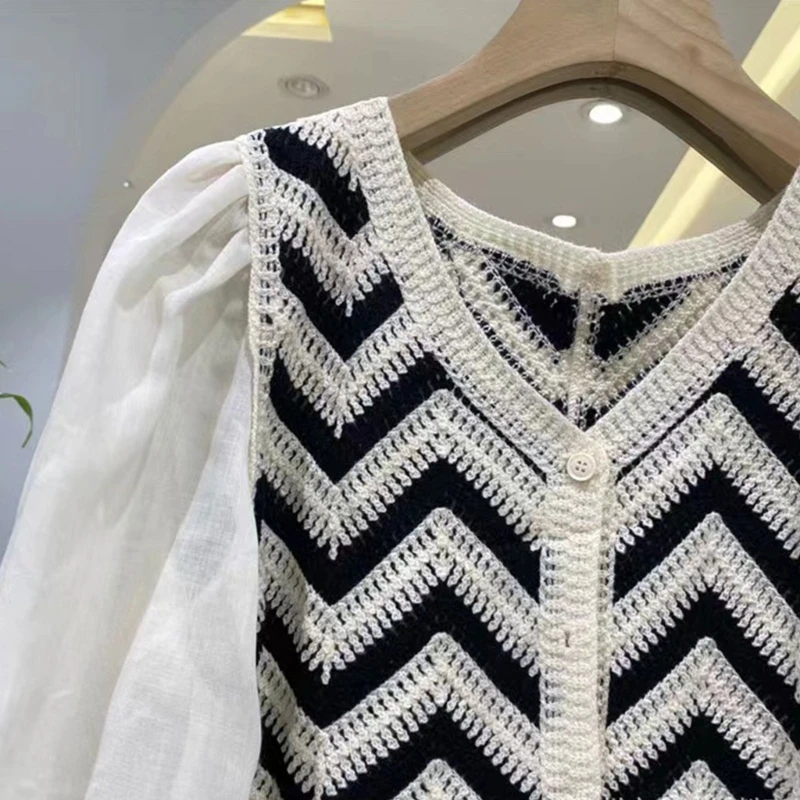 

Women Elegant V-Neck Button Up Cropped Cardigan Top Chiffon Puff Long Sleeve Crochet Knit Wave Striped Blouse Shirts P8DB