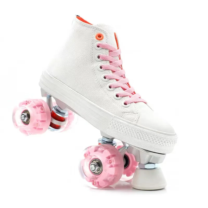 High Quality Women Men Canvas Roller Skates Sliding Quad Sneakers Beginners Shoes Patines with 2 Row Adult 4 Flash Wheels