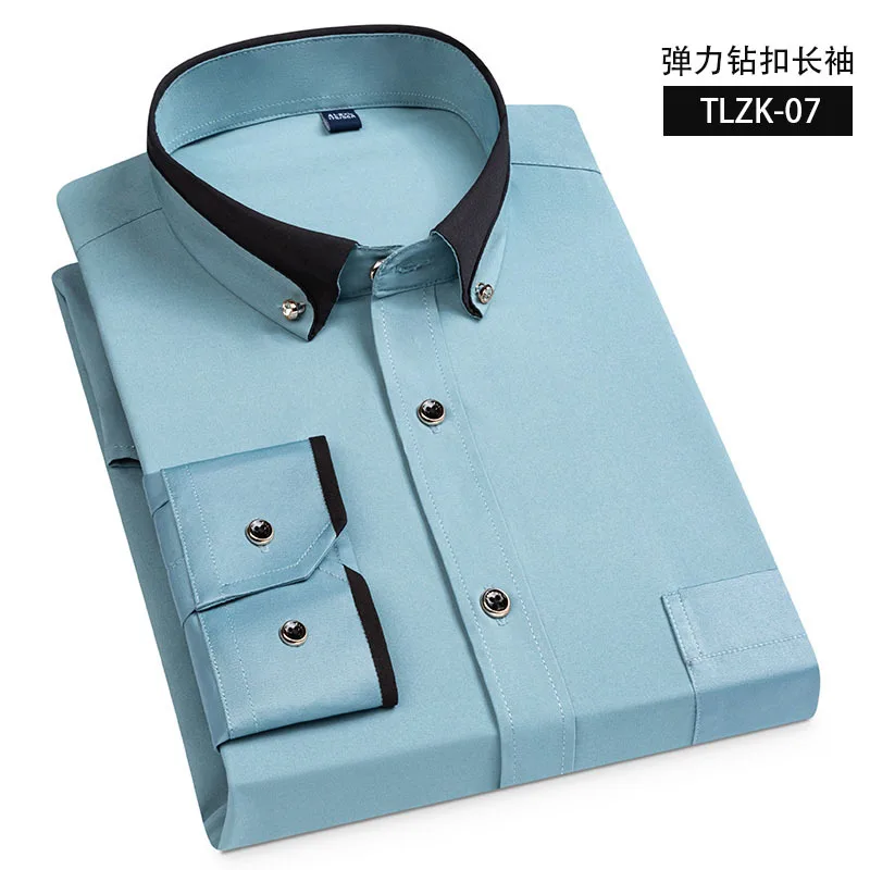2022 new large size drill buckle elastic anti-wrinkle long-sleeved men's business casual four seasons shirt |