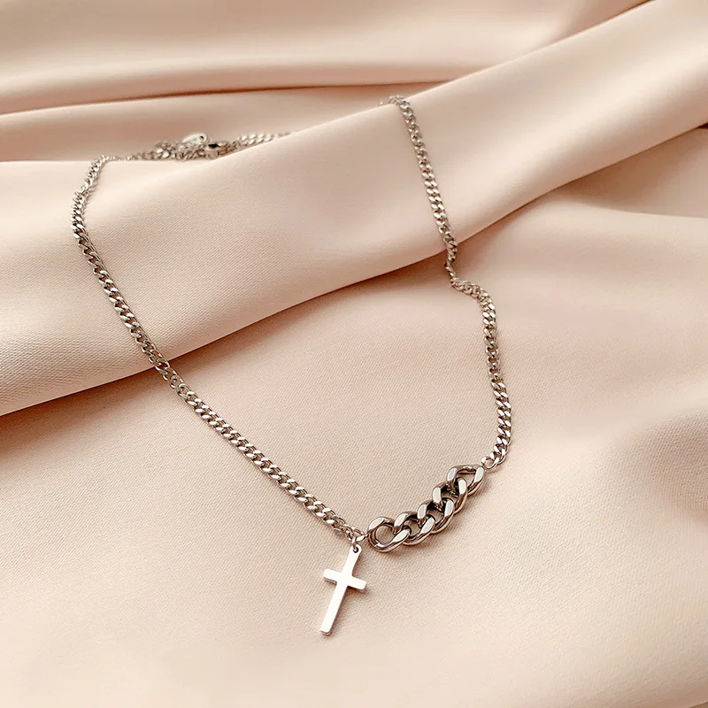 

YAONUAN Hip Hop Cross Pendant Titanium Steel Necklace For Women Unique Design European Clavicle Chain Trendy Accessories Daily