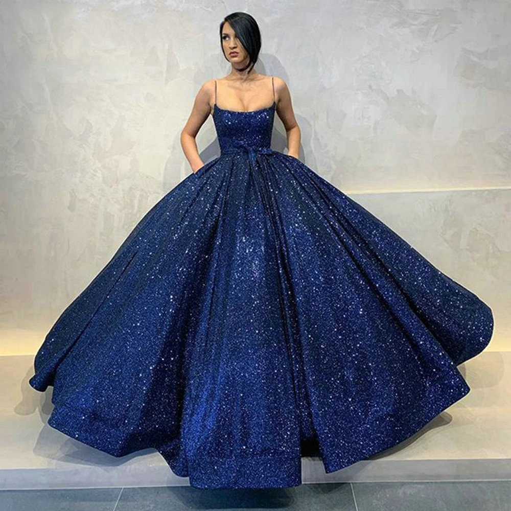 

GUXQD Fashion Glittery Royal Blue Ball Gown Evening Dresses Long Spaghetti Strap Prom Party Gowns Arabic Dubai Vestido De Noche