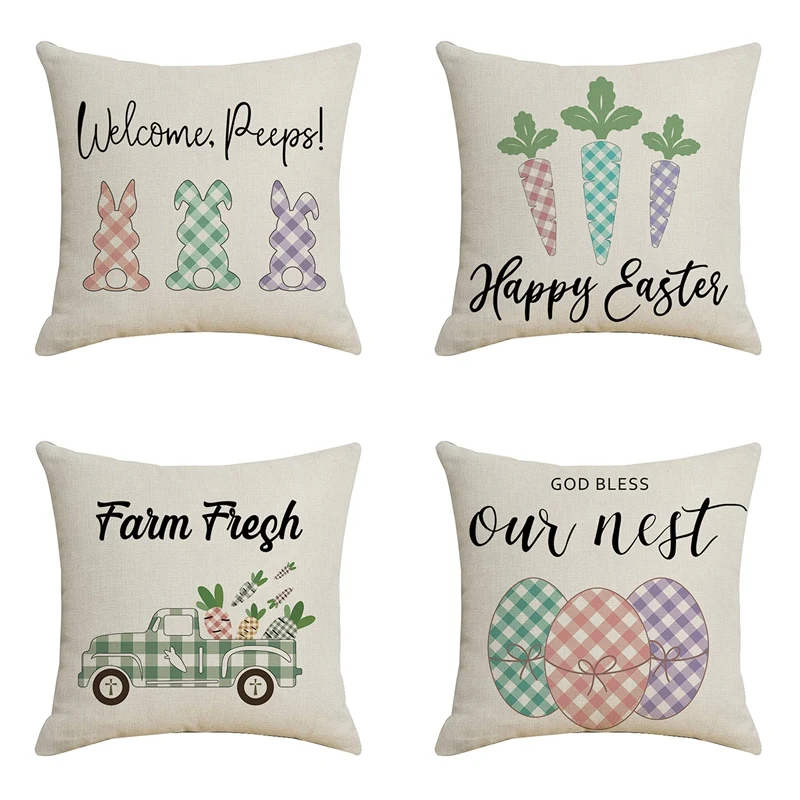 

4Pcs Pillow Covers Decor Home Happy Easter Bunny Easter Eggs Carrots Car Throw Pillows Farmhouse Easter Decorations