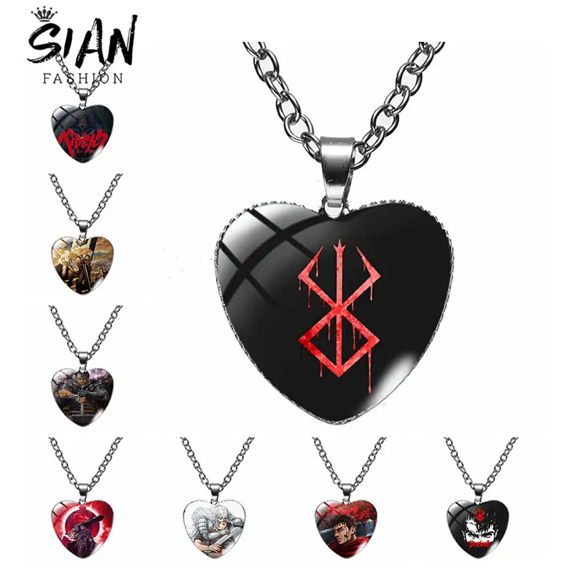 

Anime BERSERK Heart Necklace The Mad Warrior of Norse Viking Mythology Figures Necklaces Glass Dome Pendants Jewelry Fans Gift