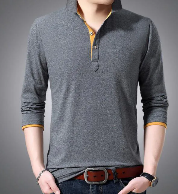 

Spring Men's Solid Color Cotton Blend Long Sleeve Lapel-Collar T-Shirt ABD184