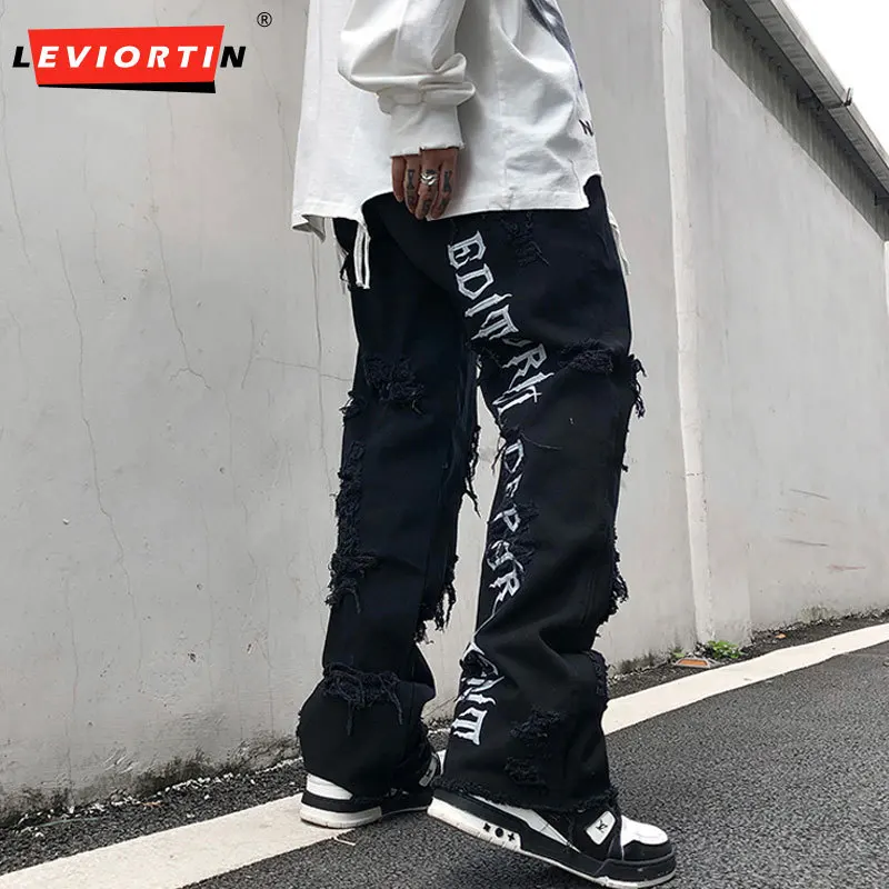 

High Street Retro Black Embroidered Letter Trousers Men Fashion Y2K EMO American Styles Hole Loose Straight HipHop Pants For Man