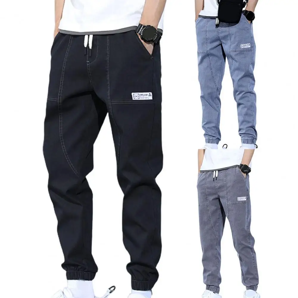 

Men Jeans Solid Color Elastic Waist Drawstring Ankle Banded Spring Pants for Daily Wear