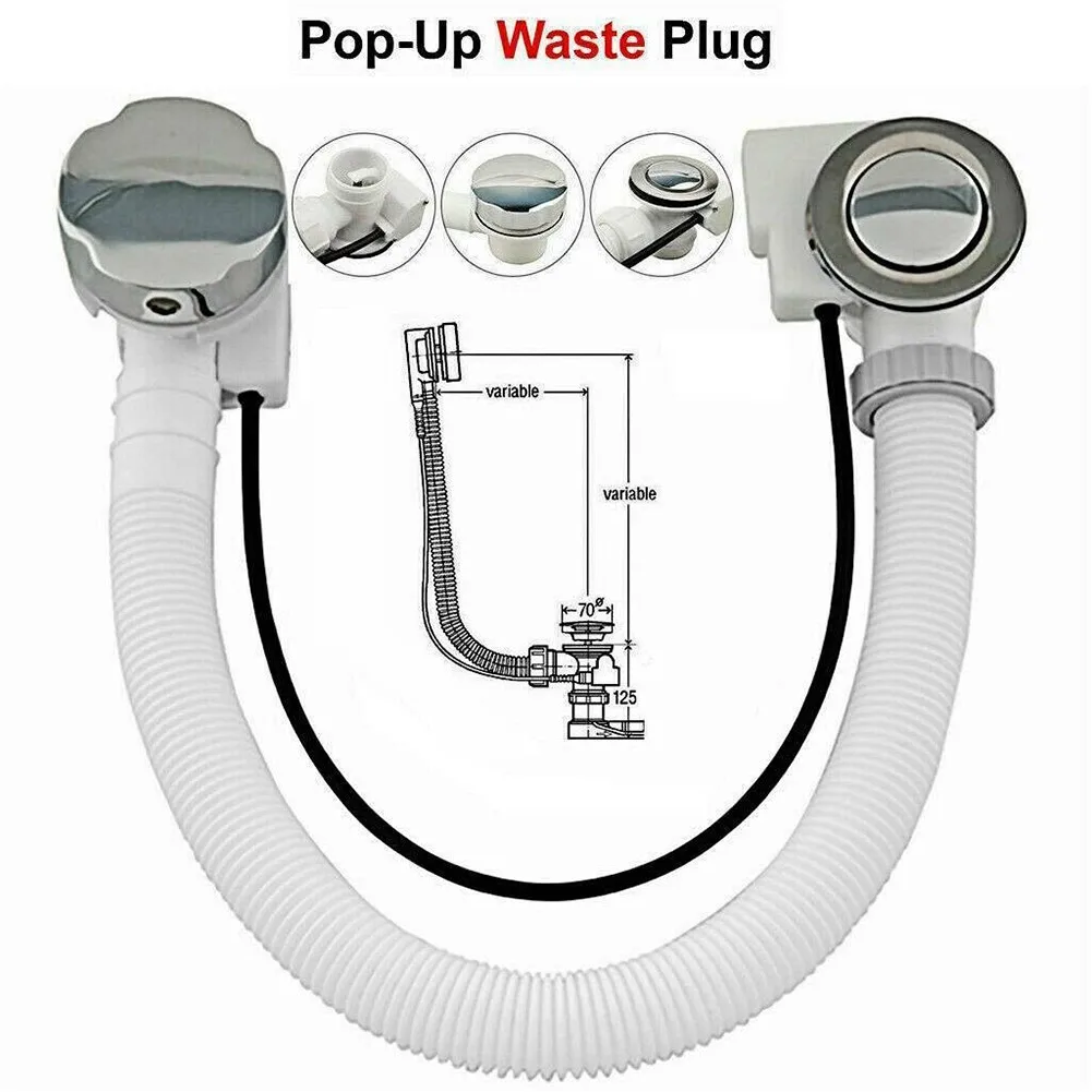 

1pc Concealed Bath Overflow Waste Twist Pop-Up Plug Plastic Pipe And Chrome Handle 55cm Long Bath Waste Pipe Bathroom