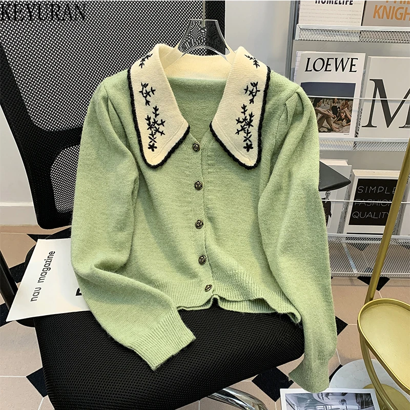 

Женский вязаный кардиган с цветочной вышивкой, винтажный однобортный укороченный свитер контрастных цветов с воротником «Питер Пэн» и длинными рукавами