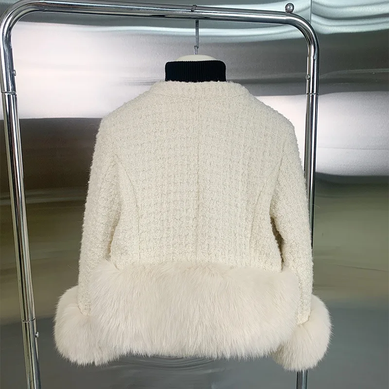 Autumn Winter Woolen Women Coat Faux Fox Fur Patchwork Short Ladies  Oversize Korean Thick Warm Fur Single Breasted Jackett