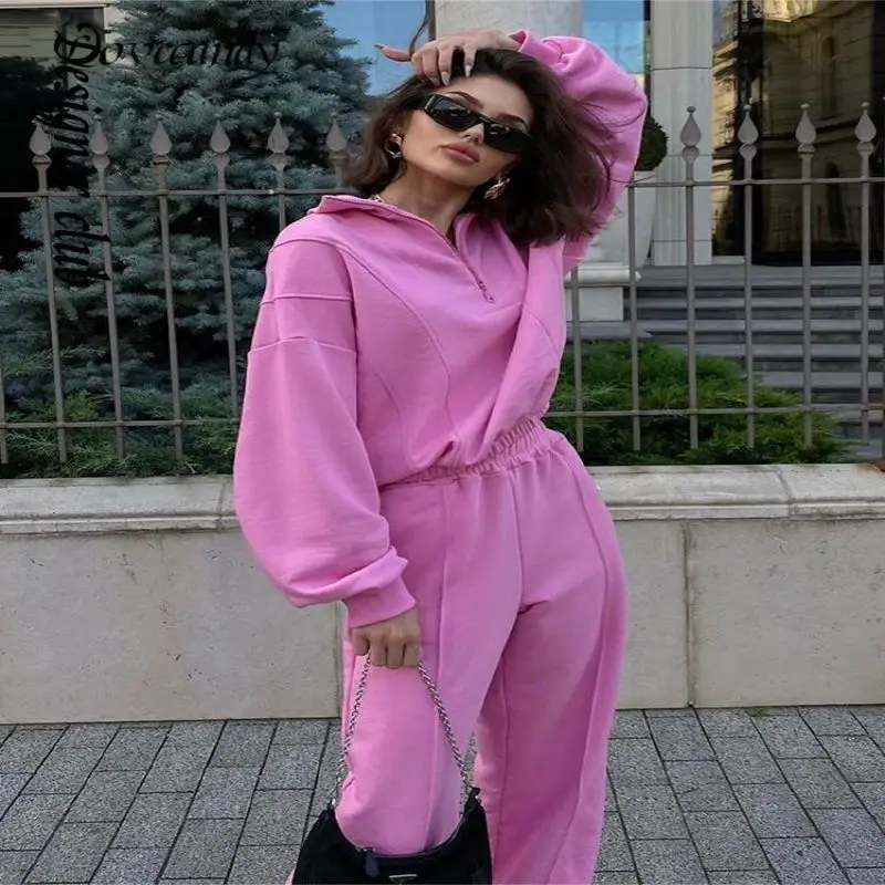 

Женские пуловеры на молнии, свитшот, модные брюки с широкими штанинами и отложным воротником, спортивный костюм, Осень-зима 2022, однотонные с...