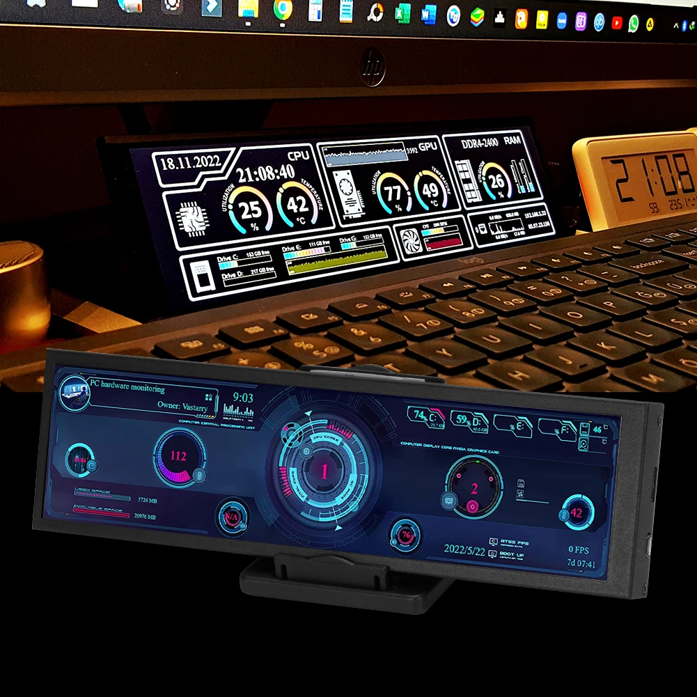 

8.8 Inch Secondary Screen HDMI-compatible USB Port Long Strip Sub Display CPU GPU SSD Information for Windows Linux Raspberry Pi