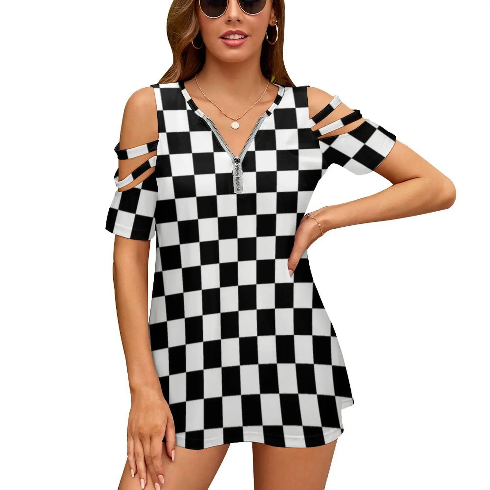 

Black White Checkered Women'S T-Shirt New Fashion Printed Zipper V-Neck Short Sleeve T Shirts Casual Plus Size Black And White