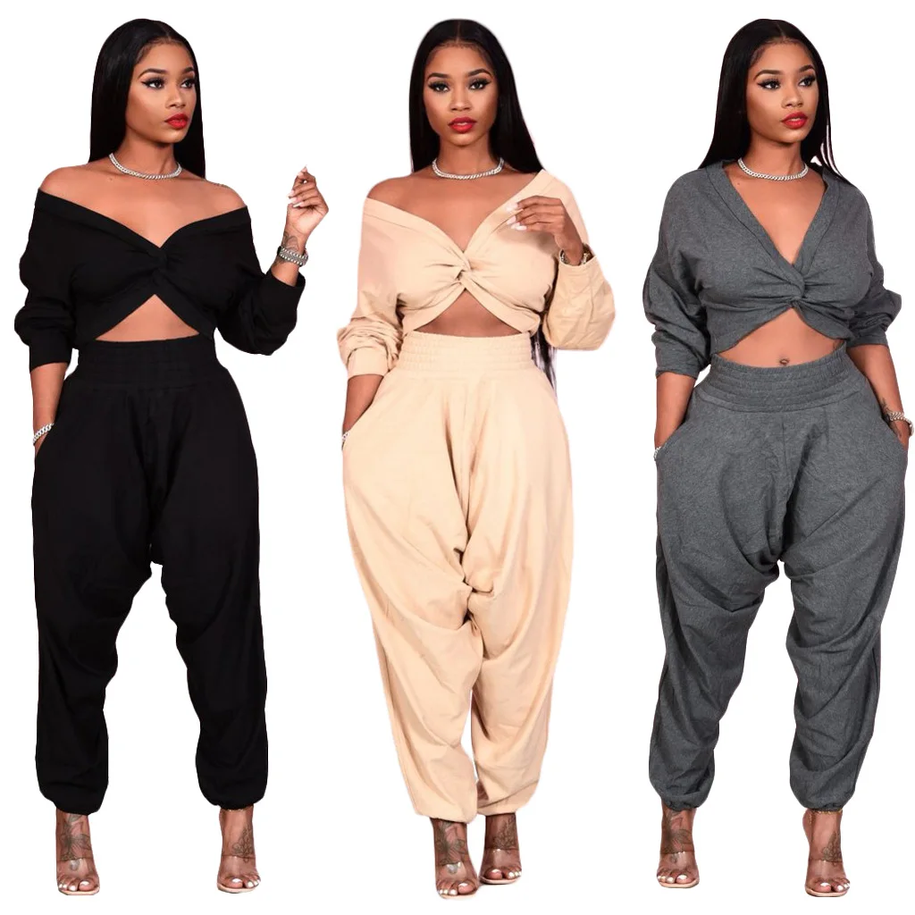 

summer one-shoulder trousers suit sexy temperament casual navel V-neck solid color cross top suspender pants two suits women