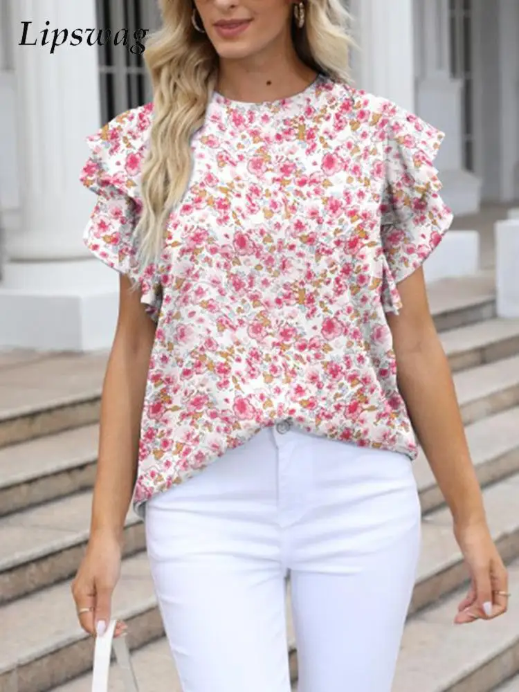 

Блузка женская с цветочным принтом, модный элегантный топ с круглым вырезом, Свободный пуловер с коротким рукавом и оборками для офиса и пое...