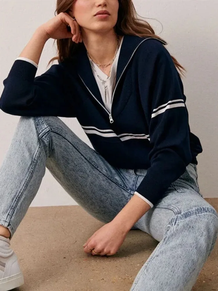 

Women Contrast Color Knit Sweater Half Zipper 2022 Early Autumn Lady Long Sleeve Turn-Down Collar Striped Knitwear Tops