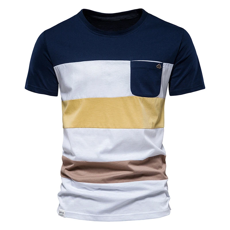 

Men Striped T-shirt Summer Comfortable Round Collar Cotton Clothing Men Patchwork Quality Short Sleeves Sweat-Absorbent T-shirt