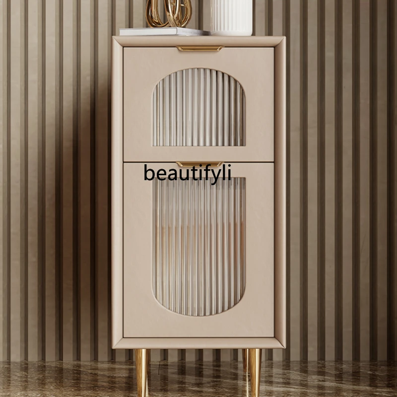 

yj Modern Light Luxury Miji Style Small Bedside Table Narrow Mini Small Glass Leather Bedside Cabinet Ins Style