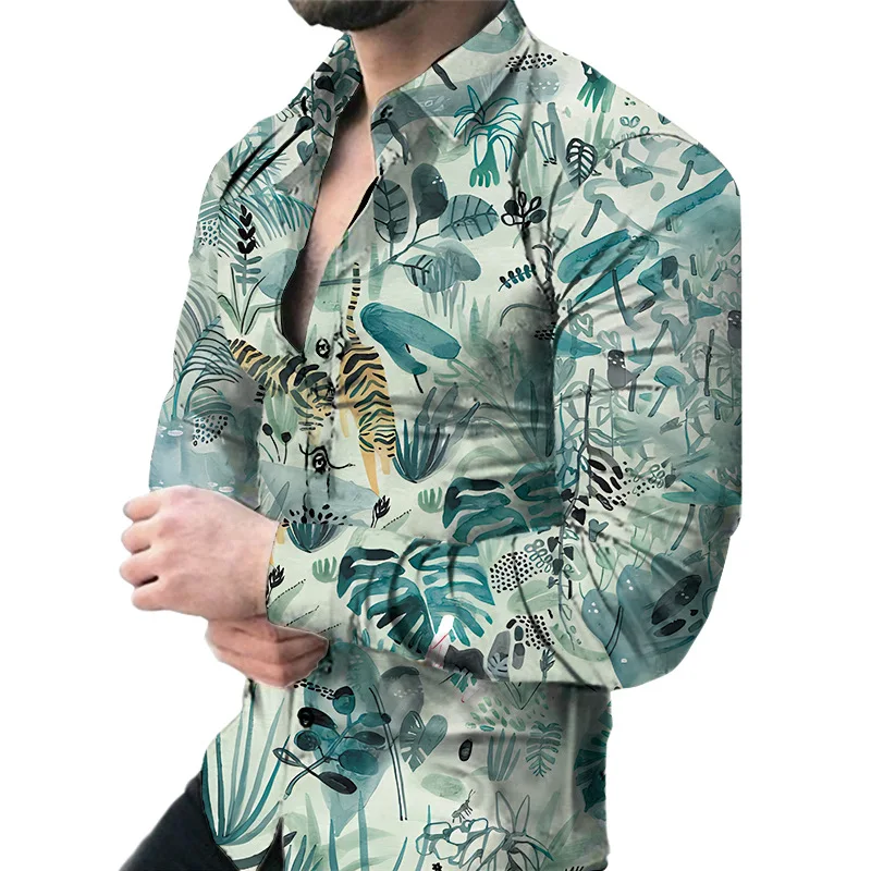 

Polyester Plus Size Slim Long Sleeve Floral Shirt Men's 3d Print Casual Shirts