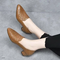 fashion pumps for women office shoes breathable pointed toe embroider mom shoes chunky heel mid heel female career high heels