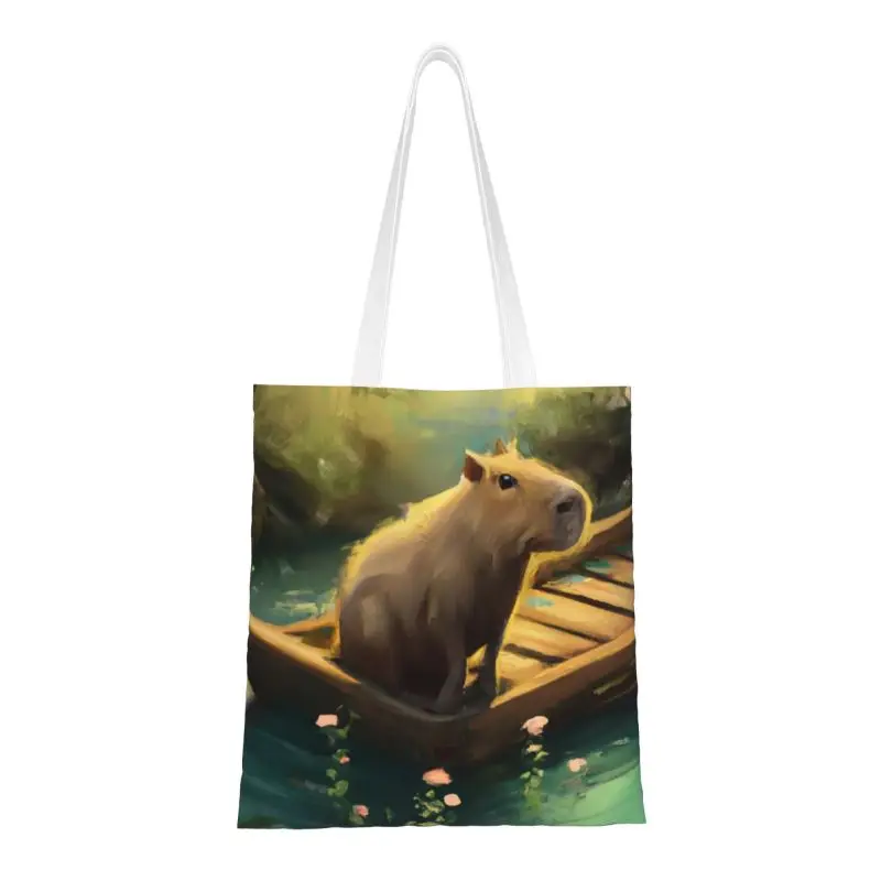 

Recycling Cartoon Capybara Shopping Bag Women Canvas Shoulder Tote Bag Portable Grocery Shopper Bags