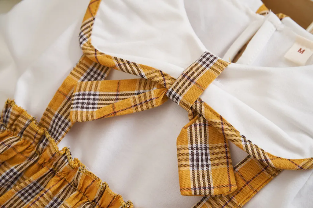 

Young Girl Fashion Dresses Toddler Baby Kids Girls Doll Collar Bow Plaid Patchwork Dress Casual Clothes