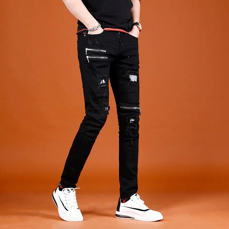 Black Jeans Men Fashion Zipper Ripped Patch Jean Streetwear Casual Cotton Slim Fit Denim Pants