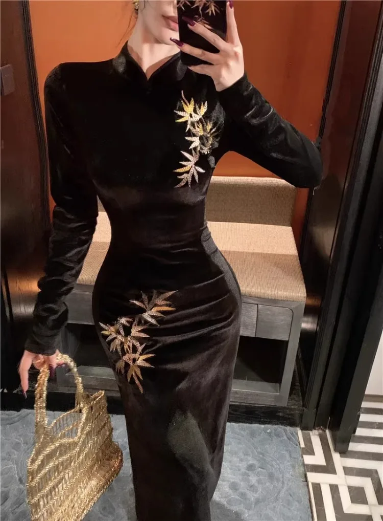 Ezgaga бархатные платья женские сексуальные вышивка воротник-стойка тонкий разрез