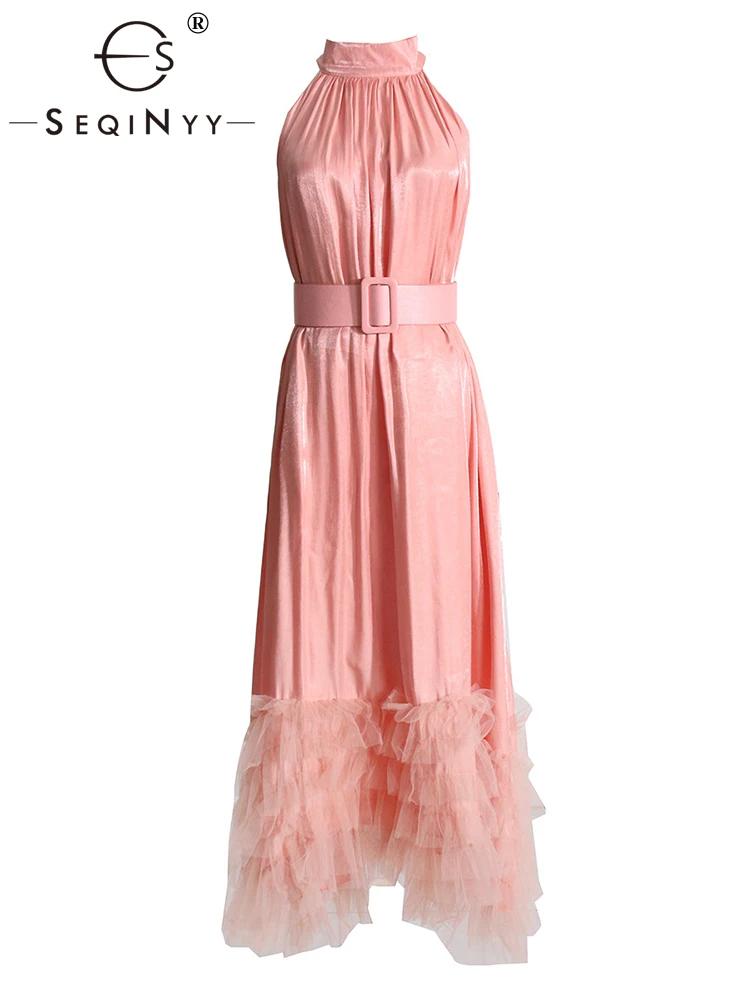 

Женское Сетчатое платье с оборками SEQINYY, розовое платье-жилет, Свободный Повседневный подиумный дизайн в стиле High Street, лето-весна
